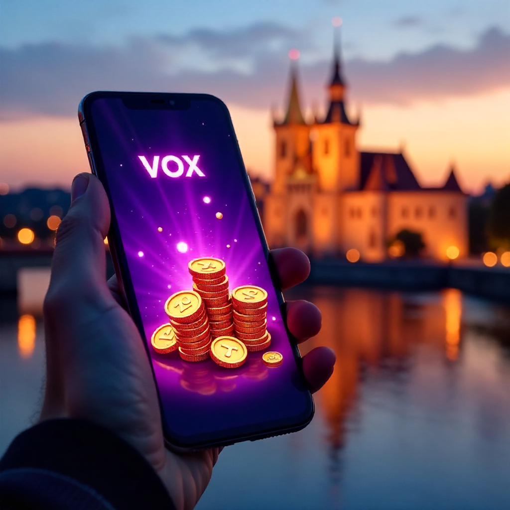 A hand holding a premium smartphone showing Vox Casino app, background featuring the Wawel Royal Castle in Krakow at golden hour, official brand neon purple and deep black colors, 3D golden coins and neon slot symbols flying out of the screen, hyper-reali